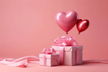 Happy valentines day decoration with gift box, heart shape balloon with copy space