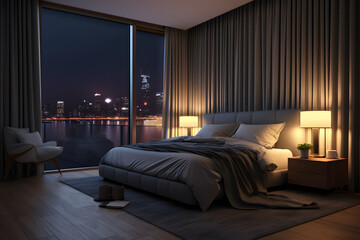 A bedroom with a wall of windows and blackout curtains