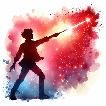 Silhouette of a boy wizard casting a magic spell.