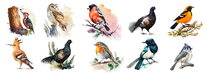 Forest birds in the wild: woodpecker, owl, bullfinch, black grouse, hoopoe, magpie - obrazy, fototapety, plakaty