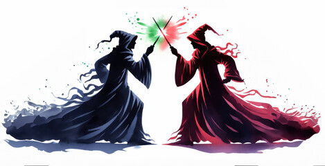 Silhouette of two wizards casting magic spells and fighting.