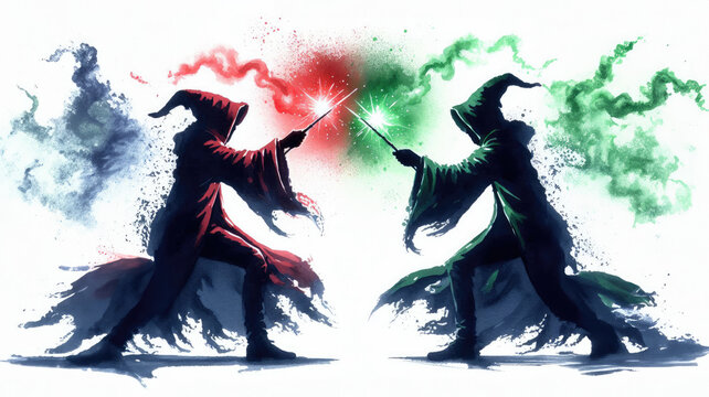 Two wizards engaged in battle casting magic spells.