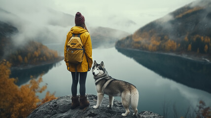 Cinematic image of a hiker girl with husky standing at the top of the mountain with rocks, autumn trees and lake. Long shot of a beautiful scene in autumn from the top. Moody colors.