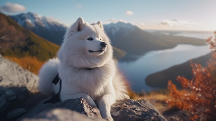 White Samoyed dog at the top of the mountain with rocks, snow and lake. Long shot of a beautiful...