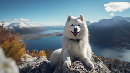 Obraz premium White Samoyed dog at the top of the mountain with rocks, snow and lake. Long shot of a beautiful samoyed alone, from the top of the mountain.