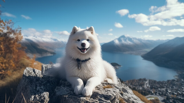 White Samoyed dog at the top of the mountain with rocks, snow and lake. Long shot of a beautiful samoyed alone, from the top of the mountain.
