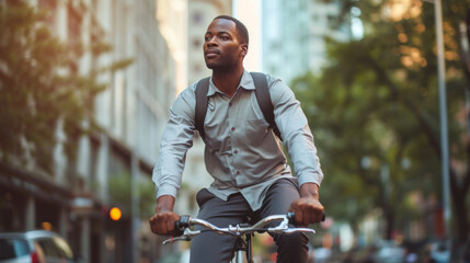 focused man in smart casual attire riding a bicycle on an urban street - Powered by Adobe
