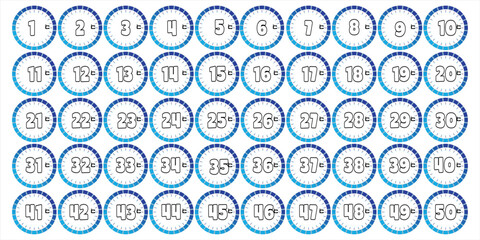 icon set weather forecast. Flat, blue, red 1 TO 50 , degrees Celsius, clock and weather forecast. Vector icon 1