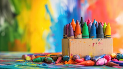 Bright crayons on a multicolored, paint-splattered surface