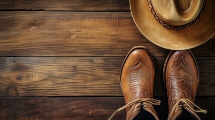Cowboy boots and hat on rustic wooden background