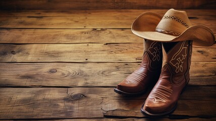 Cowboy boots and hat on a vintage wooden background