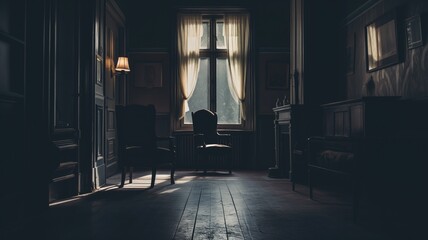 Vintage room with chairs and sunlight through curtains