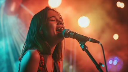 Young girl singing with passion on a vibrant stage