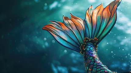 Fotobehang Colorful mermaid tail glittering underwater with sunbeams © Татьяна Макарова