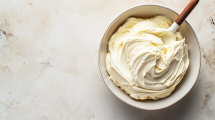 A bowl of rich, white creamy frosting with a wooden spoon - obrazy, fototapety, plakaty