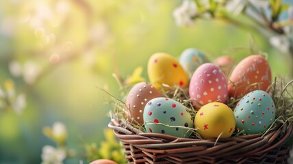 Fototapeta na wymiar Vibrant Easter eggs nestled in a basket with spring blossoms