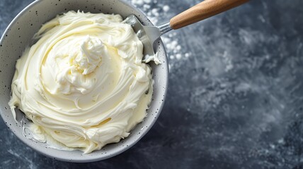 A bowl of freshly whipped cream with a spatula