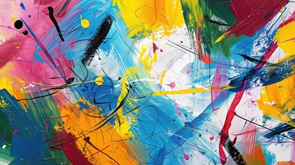Dynamic splashes of colorful acrylic paint on canvas