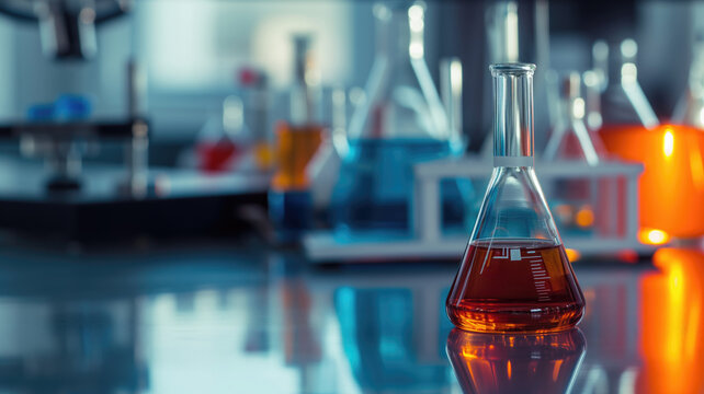 Erlenmeyer flask with orange liquid in a laboratory setting