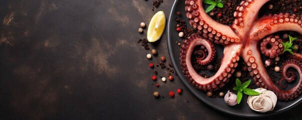 Boiled octopus tentacles on a stone plate. Sea food. Generative ai.