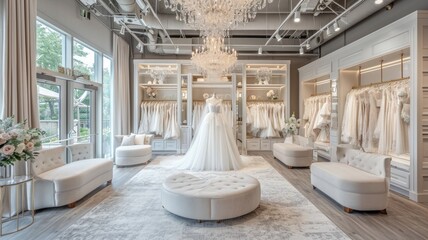 Chic bridal salon with elegant wedding gowns and to flowers on dress , accessories, and personalized service, creating a dreamy and unforgettable experience for brides-to-be
