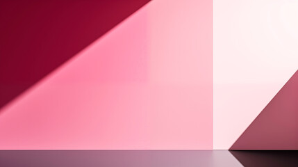 Empty Modern Interior mockup. Sunlight creates geometric shadow game pattern on pink wall with wooden floor