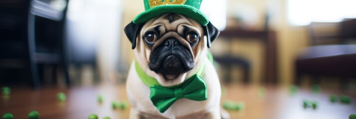 St. Patrick's day wide panoramic header with funny pug wearing green clothes. Background with copy space.