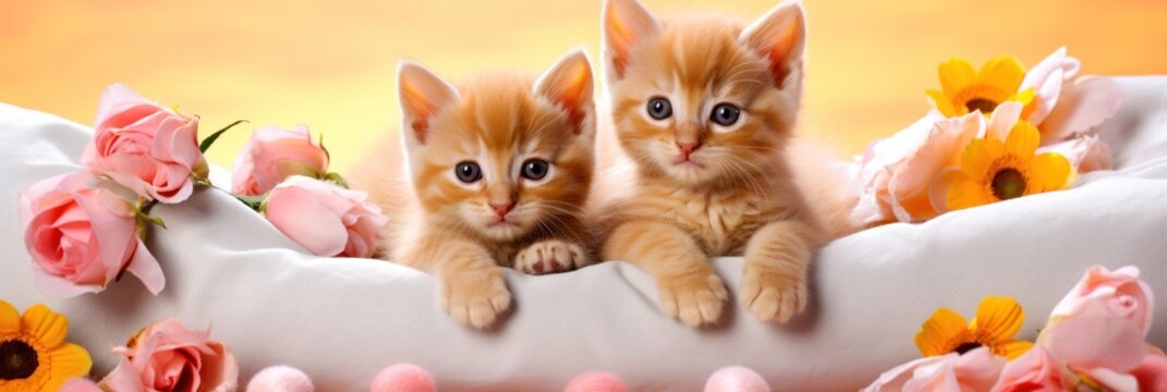 St. Valentine's Day greeting card or wide banner with cute and adorable kittens lying on sofa with flowers decorative elements.