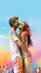 joyful happy friends, couple sharing laughter at holi festival, colorful memories in making, youth event celebration, blurred colorful powder in air.