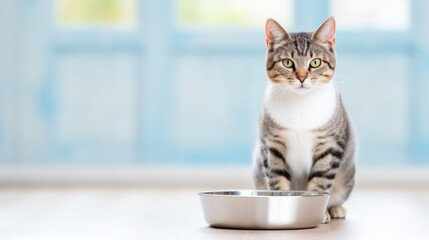 Naklejka premium Hungry cat with empty feeding bowl waiting for pet food. Indoor background with copy space.