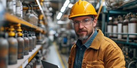 A mature engineer in a hard hat with a serious expression on his face is watching industrial equipment in a factory.