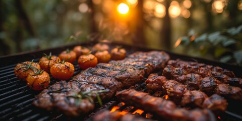 Delicious BBQ with a variety of meats including beef, pork and chicken cooked on a hot grill with flames and smoke, perfect for a summer picnic or cookout.