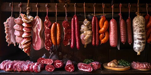 Assorted fresh and cured meats hanging in a butcher's shop. traditional culinary scene. food industry concept. AI