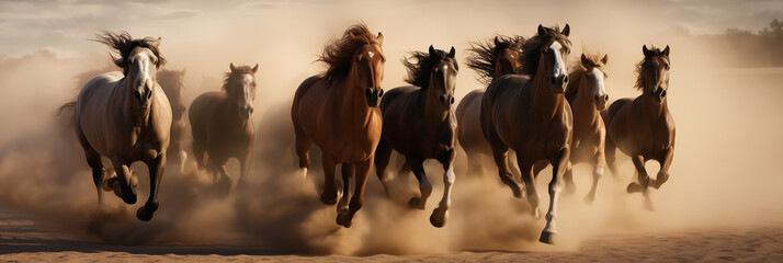 Group of horses running gallop in the desert