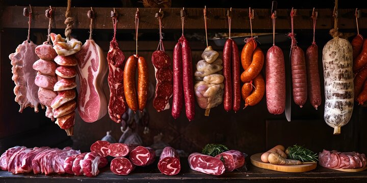 Assorted fresh and cured meats hanging in a butcher's shop. traditional culinary scene. food industry concept. AI