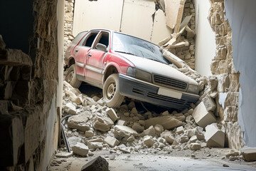 Car among the ruins of war or earthquake. Background with selective focus and copy space