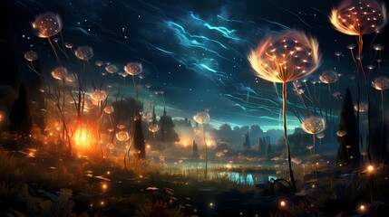 A field of luminescent dandelion seeds floating gently on an invisible breeze, casting an enchanting glow against a canvas of cosmic navy