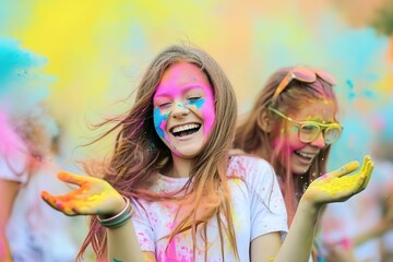 happy child at holi festival, colors of joy , vibrant celebration, youth activities, blurred colorful powder air background.