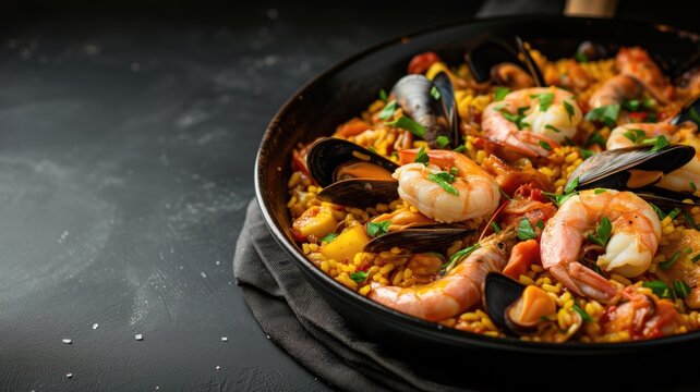 Traditional seafood paella in a pan, vibrant ingredients on dark surface