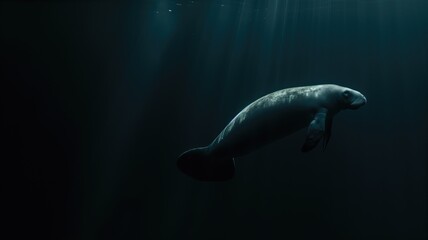 Fototapeta na wymiar A solitary manatee glides through clear blue water in a tranquil underwater scene