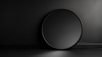 Modern round black mirror against a textured dark wall
