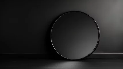 Deurstickers Modern round black mirror against a textured dark wall © Татьяна Макарова