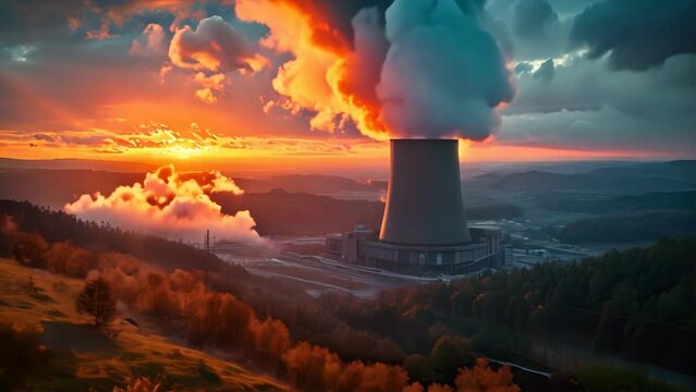 Video clip 4K of a nuclear power plant operating amidst forests and valleys.