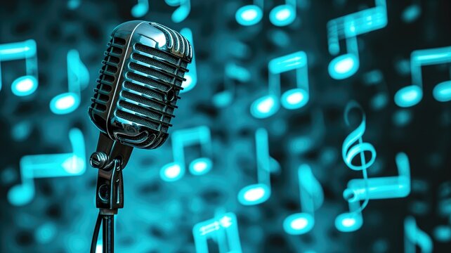 Retro microphone with floating music notes on a neon blue background