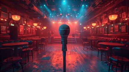 Empty stage with microphone awaits performer in a vintage pub. atmospheric lighting sets the scene for a concert. designed for entertainment and performances. AI - obrazy, fototapety, plakaty
