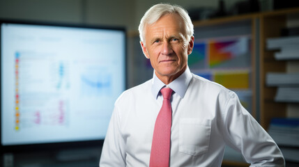Senior medical professional with white hair, wearing a lab coat standing confidently in front of a poster displaying scientific charts and data.