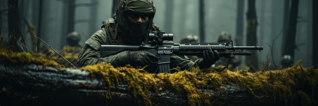 Selective focus shot of a military man armed with a sniper rifle, blending into the forest environment