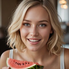 Cute Smiling Young Woman Delights in the Refreshing Taste of Watermelon - A Joyful Moment of Sweetness and Sunshine