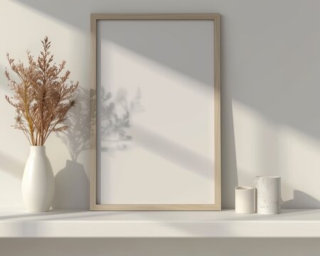 blank empty photo frame mockup sitting on a wooden shelf