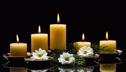 Obraz na płótnie Canvas Christmas candles and fir branch on a black background with copy space.